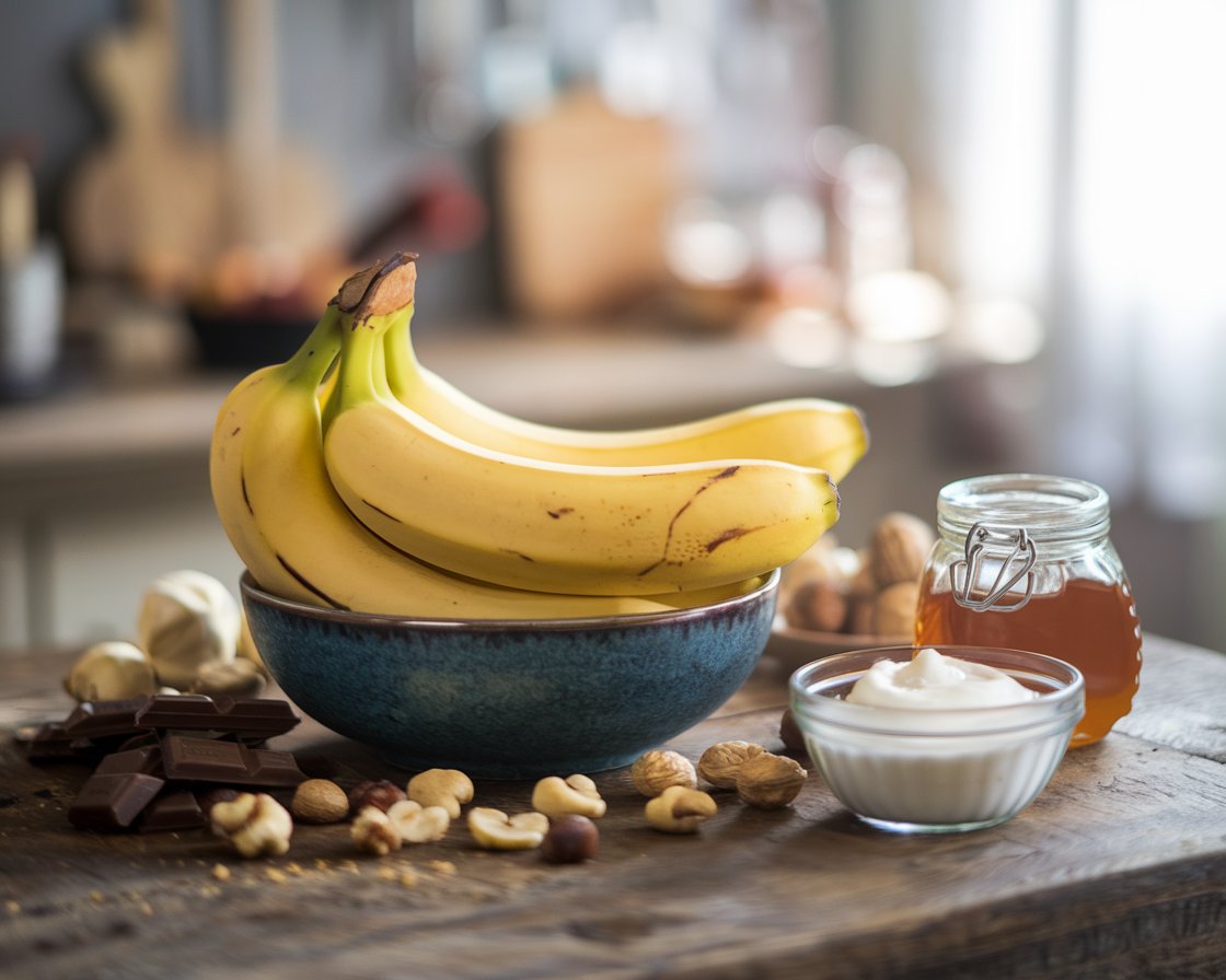 Ripe bananas surrounded by complementary ingredients like nuts, chocolate, honey, and yogurt on a rustic wooden table.