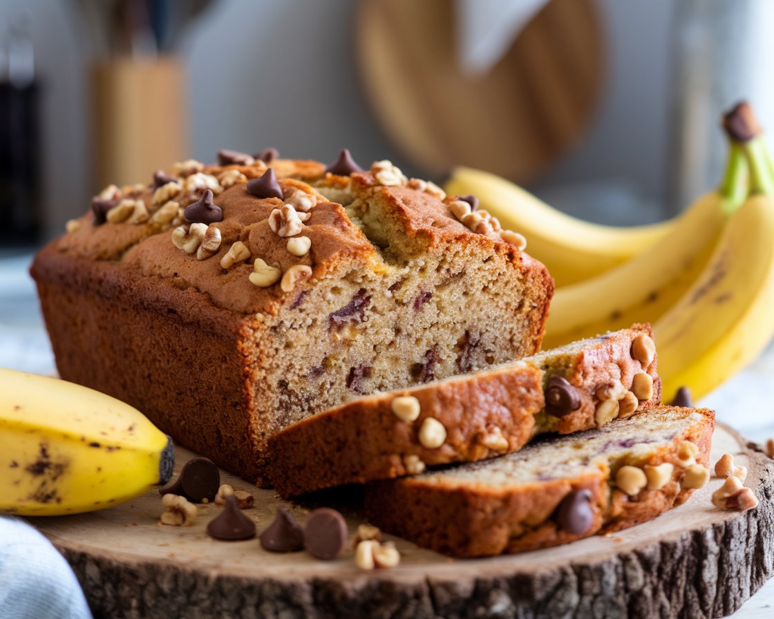 Freshly baked banana bread with cake mix, sliced to reveal a moist texture, with bananas and nuts on a wooden board.