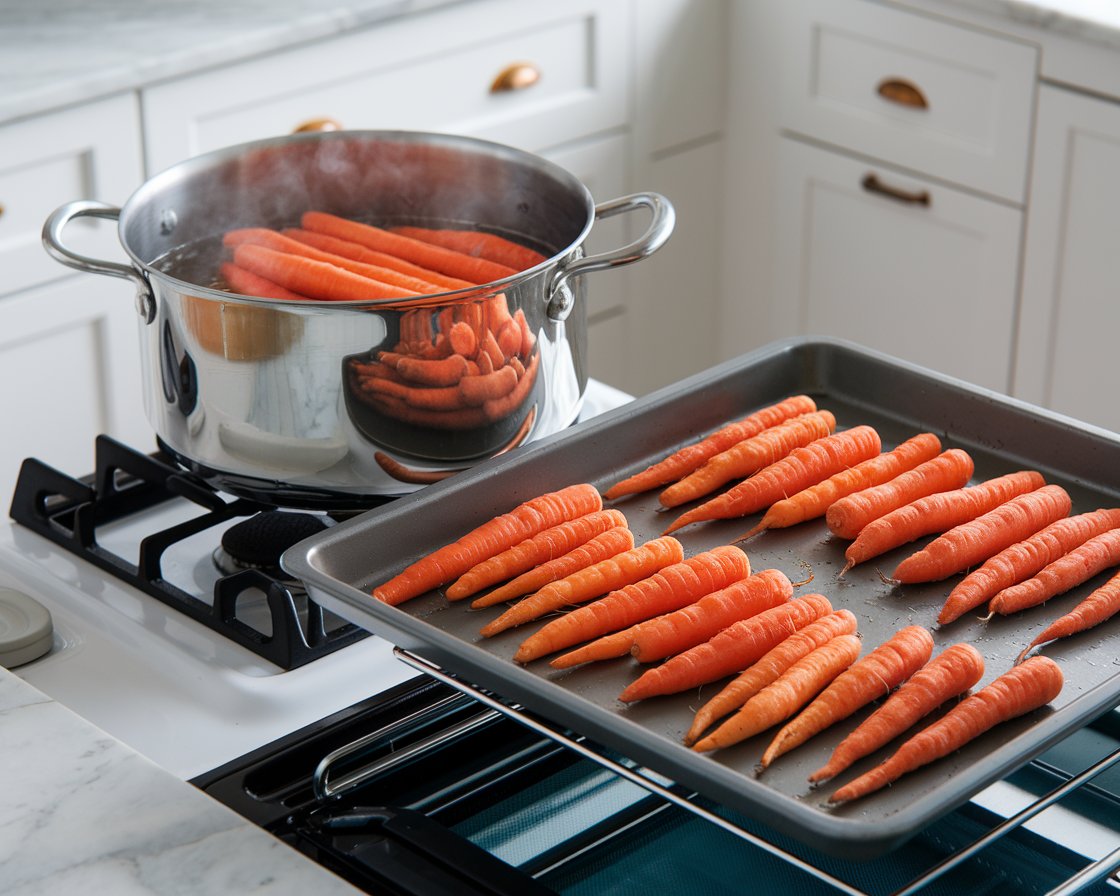 Boiling carrots before roasting for enhanced flavor and texture.