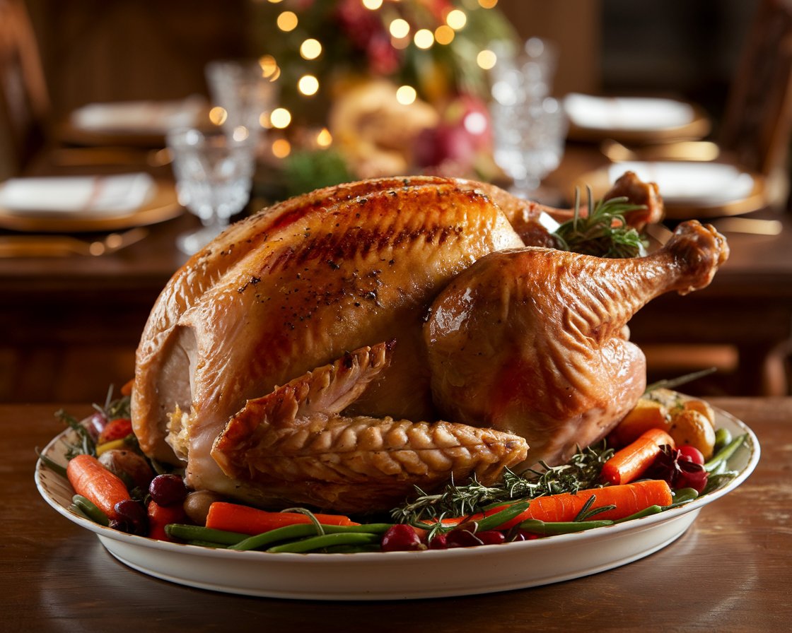 A golden-brown Butterball Turkey Breast Roast on a platter with roasted vegetables and herbs, set on a festive dining table.