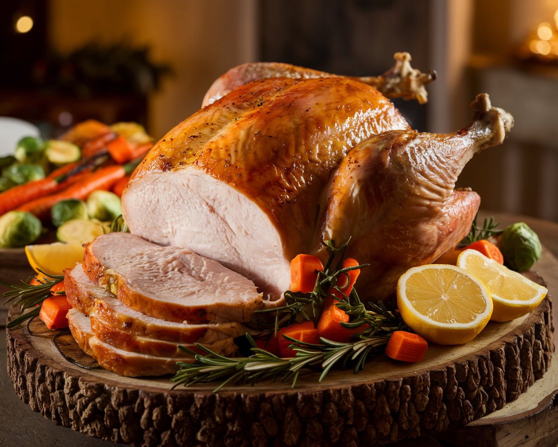 Golden-brown Butterball turkey breast garnished with fresh herbs and vegetables, served on a wooden platter.