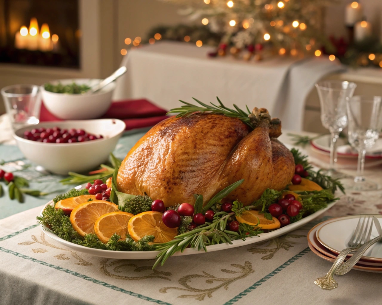 Golden-brown Butterball Turkey Roast on a dining table with garnishes and festive decor.