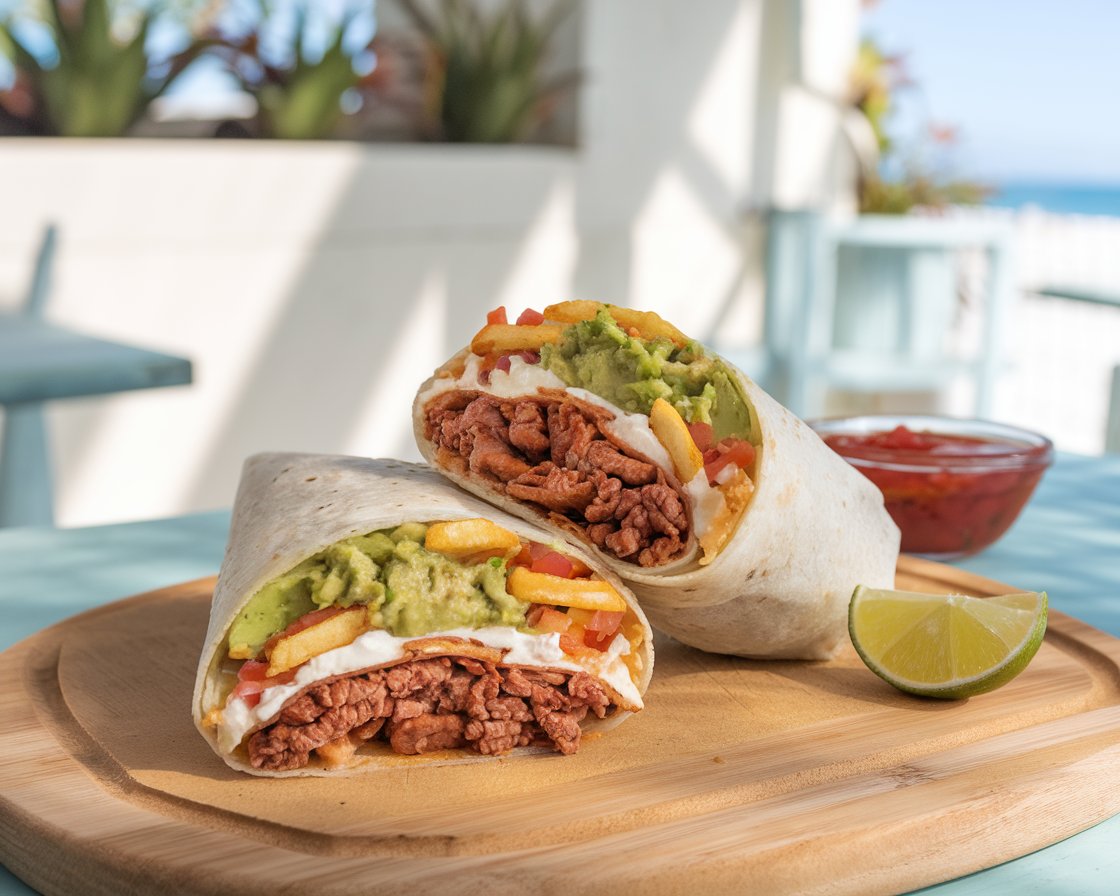 A freshly cut Cali Burrito showing layers of carne asada, fries, guacamole, pico de gallo, and cheese on a wooden cutting board.