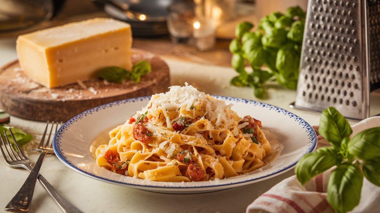 Freshly grated Parmesan cheese on a plate of pasta with basil and a rustic Italian kitchen background.