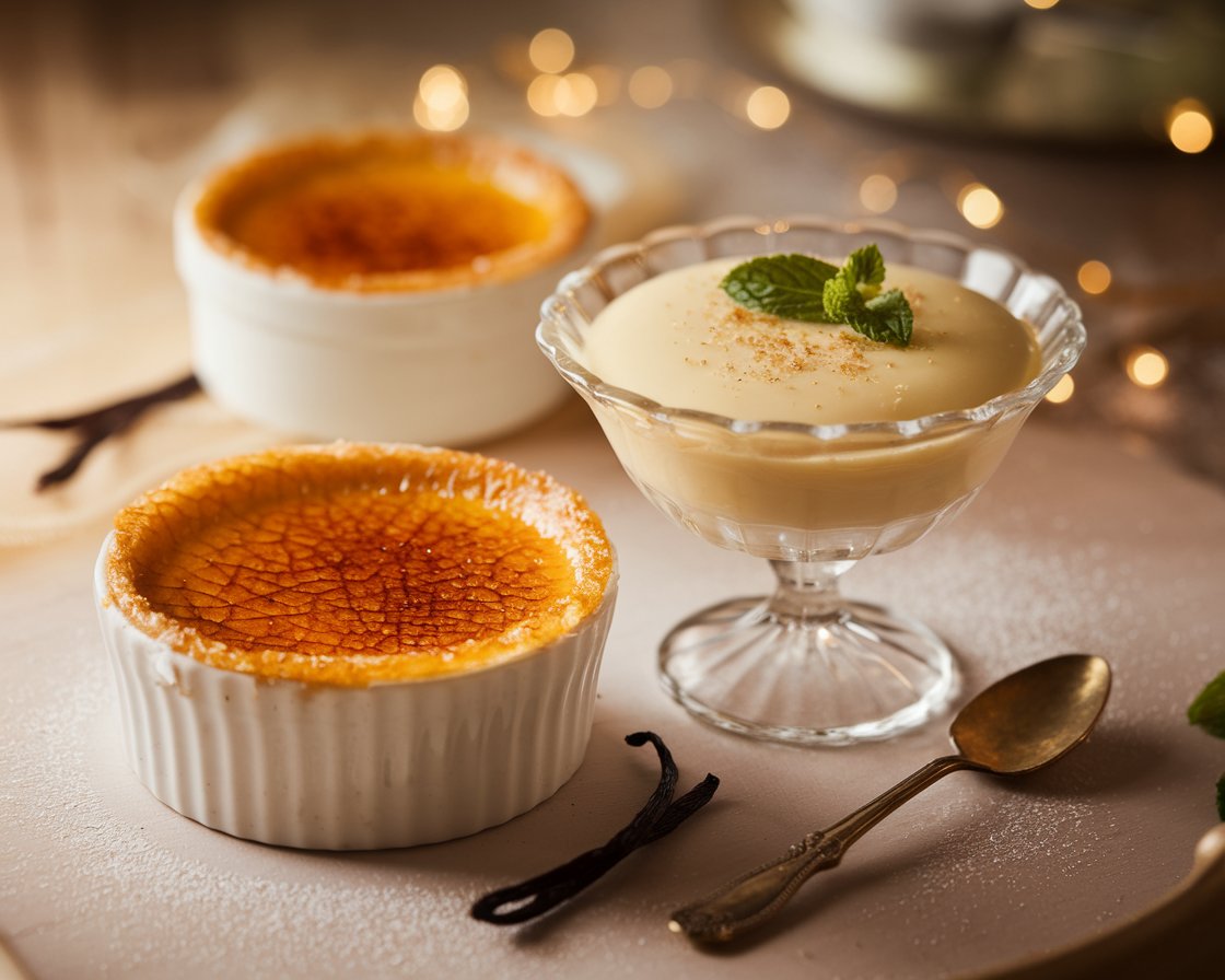 A comparison of crème brûlée and custard, showing crème brûlée with a caramelized sugar crust in a ramekin and smooth custard in a glass dish.