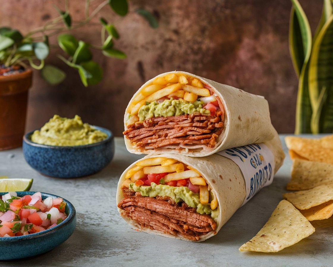 A Cali Burrito sliced open, showcasing French fries, carne asada, guacamole, and pico de gallo, with guacamole and salsa on the side.