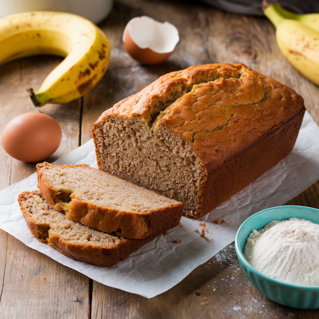 Freshly baked 3 Ingredient Banana Bread with slices on a wooden table surrounded by bananas, eggs, and flour.