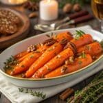 Close-up of honey glazed carrots with a glossy glaze, garnished with fresh thyme and pecans, served on a rustic dining table.
