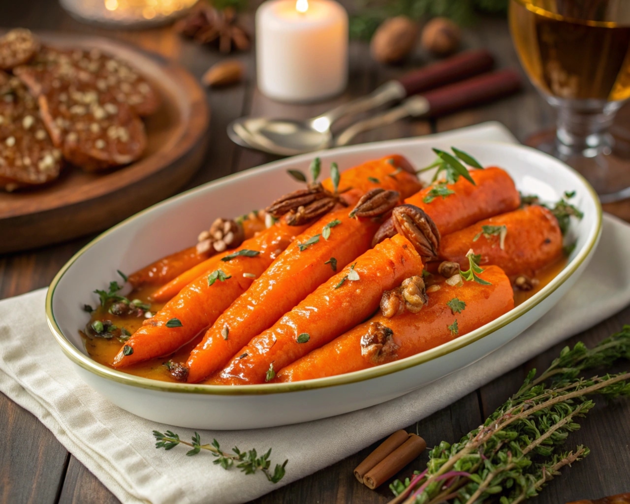 Close-up of honey glazed carrots with a glossy glaze, garnished with fresh thyme and pecans, served on a rustic dining table.