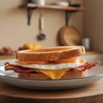 A steaming hot breakfast sandwich with melted cheese, egg, and sausage on a white plate, freshly microwaved for a perfect meal.
