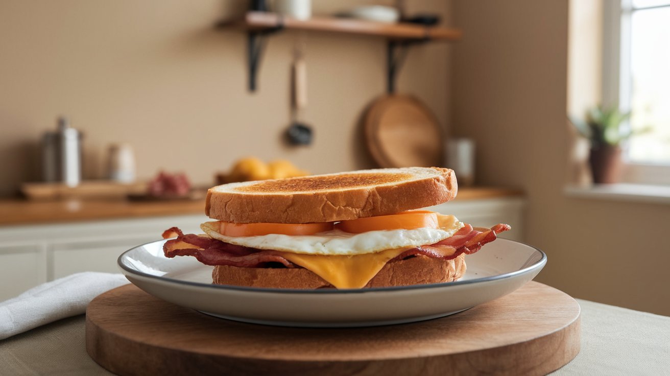 A steaming hot breakfast sandwich with melted cheese, egg, and sausage on a white plate, freshly microwaved for a perfect meal.