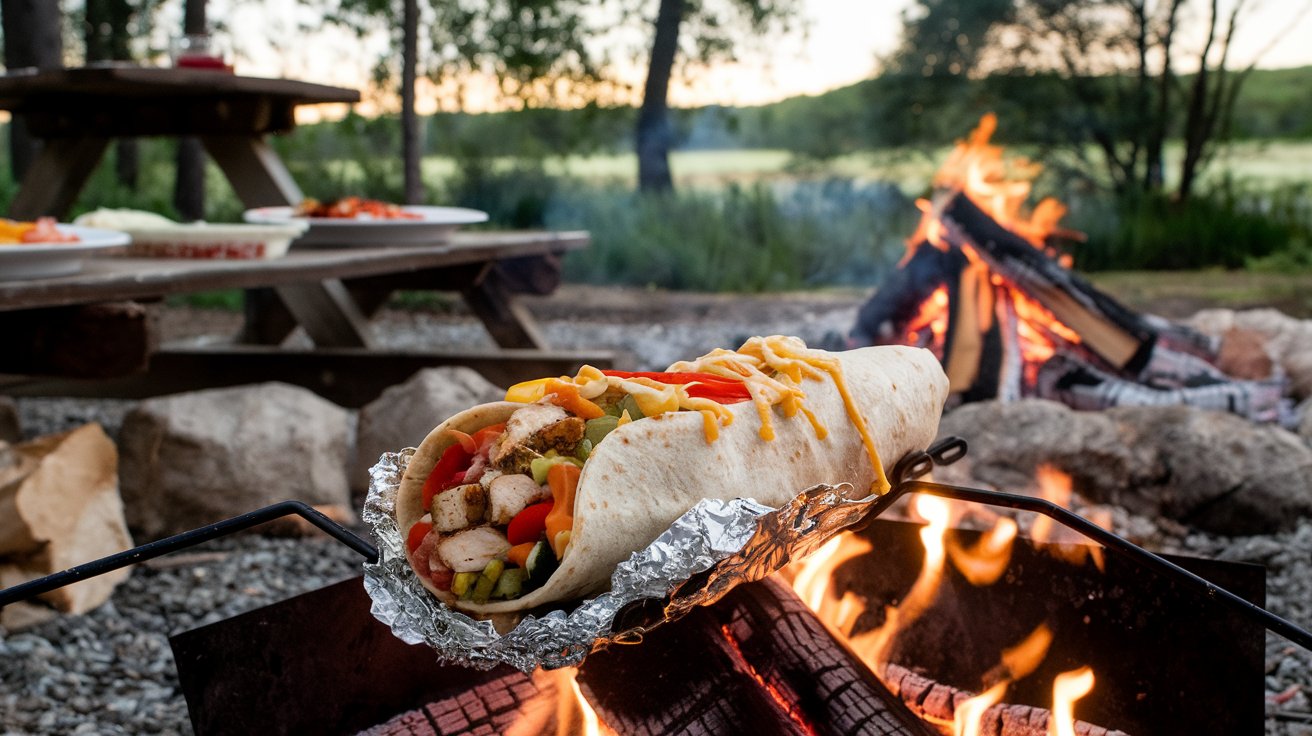 Bonfire Burrito cooking over a campfire with fresh ingredients in a scenic outdoor setting.