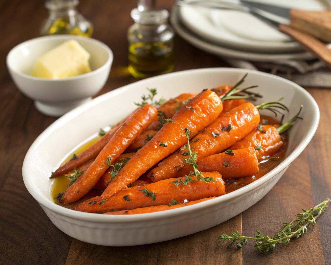 A bowl of perfectly caramelized glazed carrots garnished with fresh thyme.