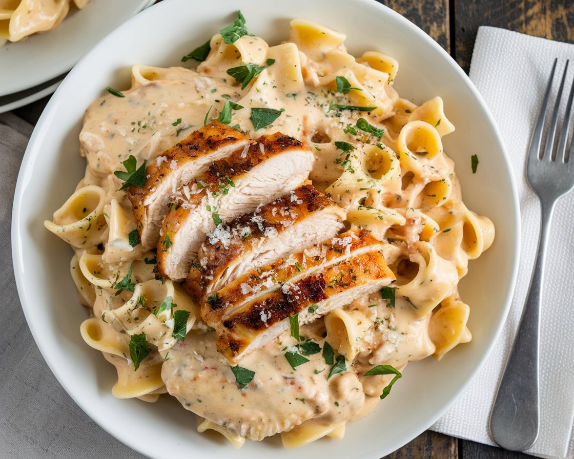 A plate of creamy garlic parmesan chicken pasta with sliced chicken, parmesan cheese, and parsley on a rustic wooden table.