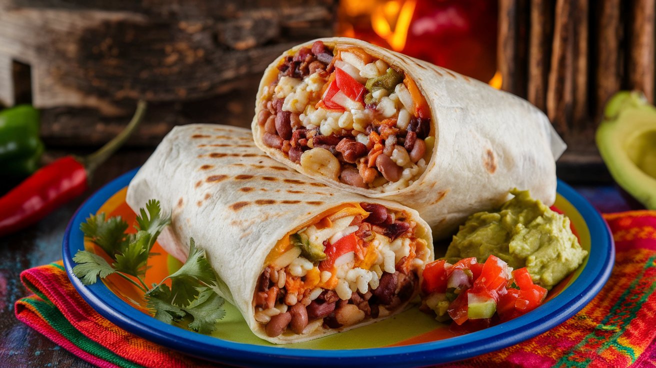 Perfectly cooked Bonfire Burrito sliced in half, revealing its colorful filling with sides of salsa and guacamole.