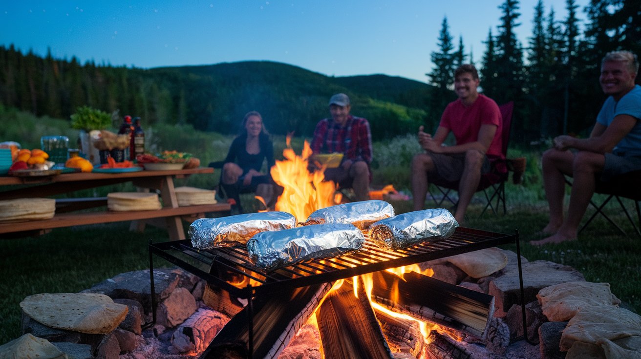 Foil-wrapped Bonfire Burritos cooking over a campfire surrounded by a forest and picnic setup.