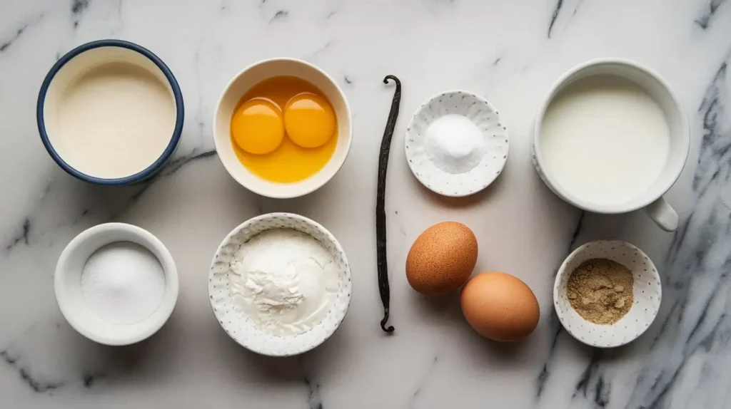 A top-down view of ingredients for Crème Brûlée (heavy cream, egg yolks, sugar) and custard (milk, whole eggs, sugar, nutmeg), displayed on a countertop.
