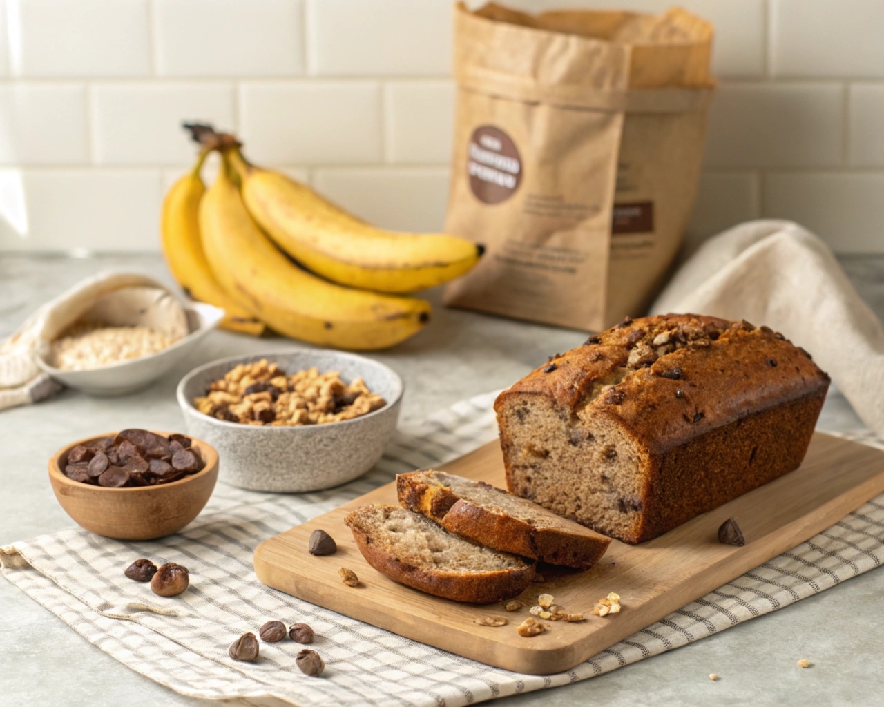 A freshly baked loaf of banana bread on a wooden countertop surrounded by ripe bananas, banana bread mix, and baking ingredients.