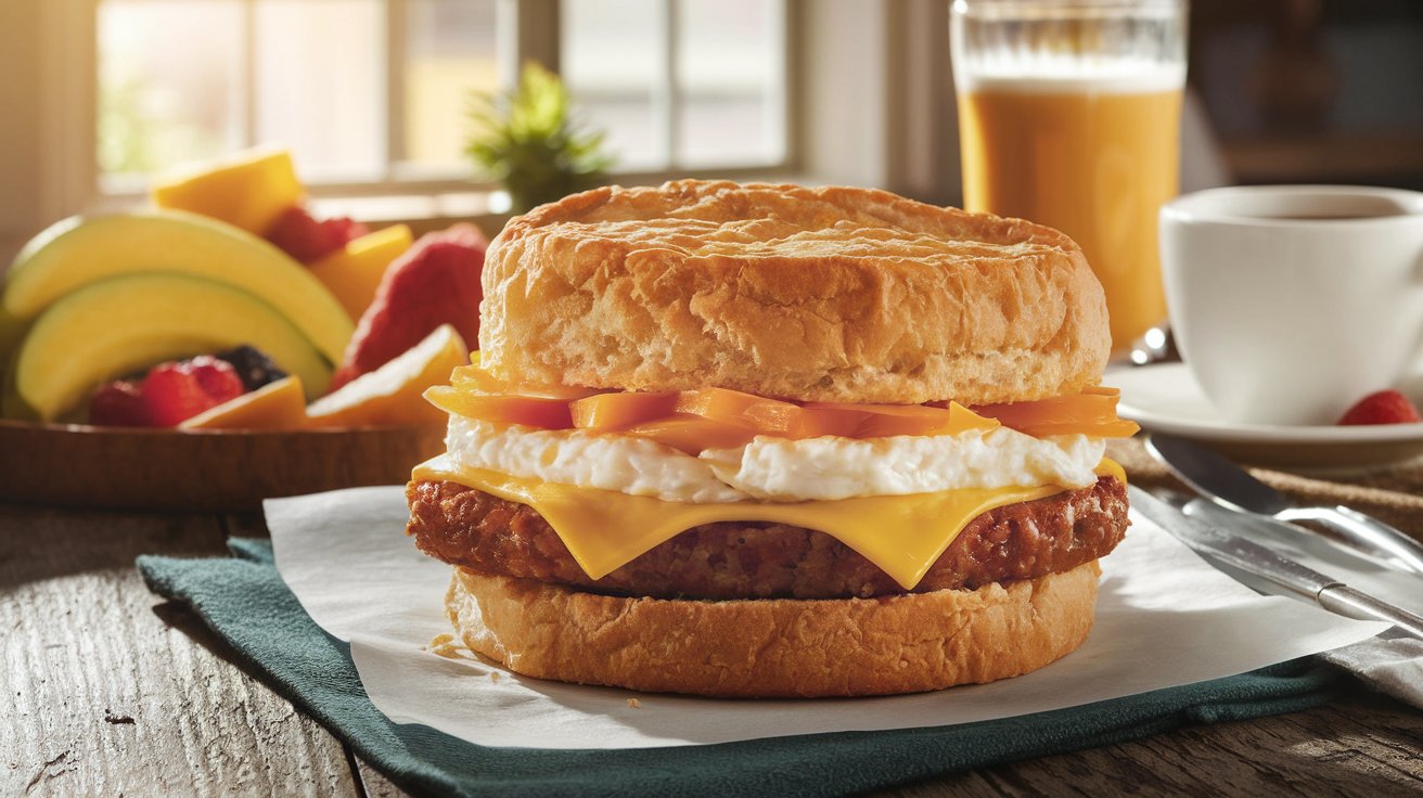 A Jimmy Dean breakfast sandwich with egg, cheese, and sausage on a biscuit, served on a rustic table with coffee and fruit.