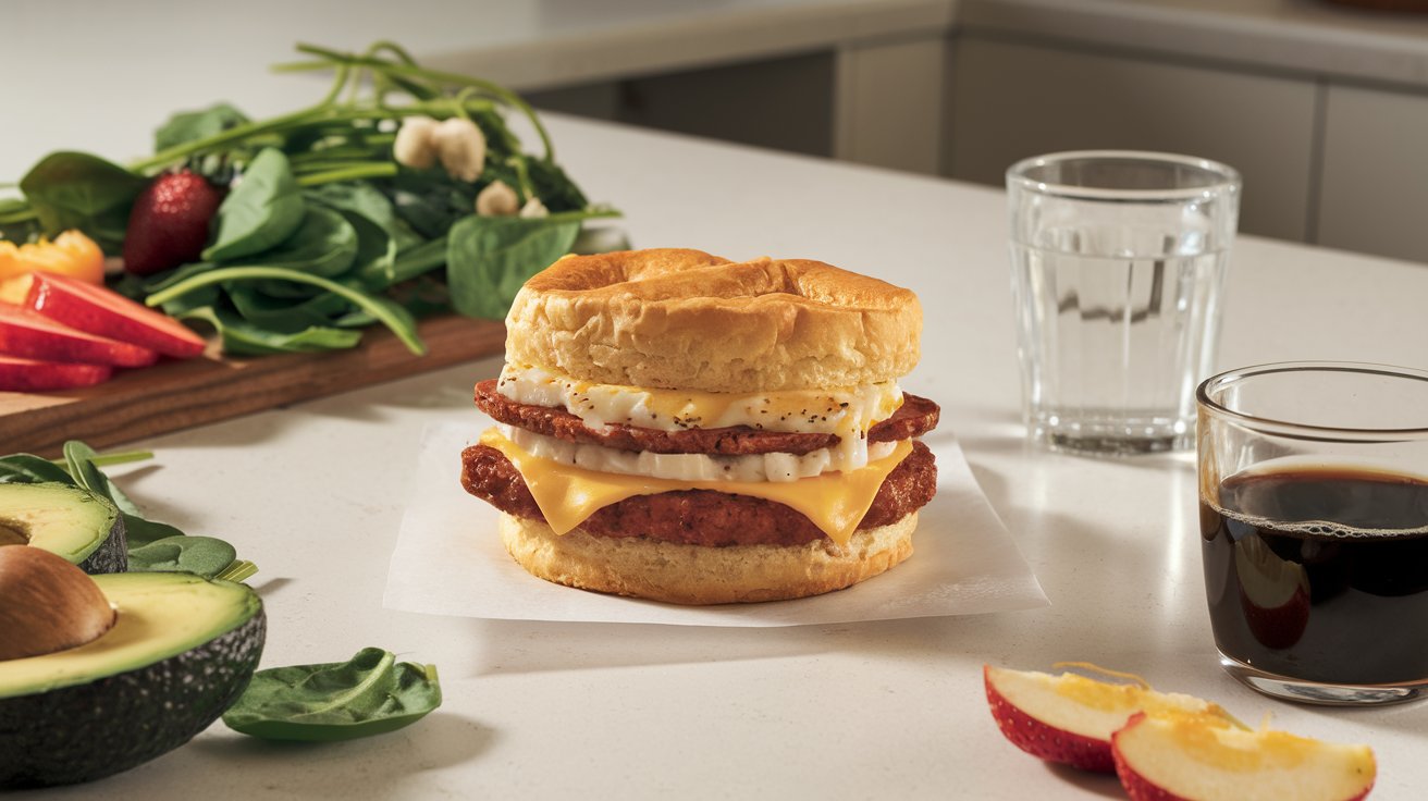 Jimmy Dean breakfast sandwich with egg, cheese, and sausage, served alongside fresh vegetables and fruit on a modern kitchen counter.