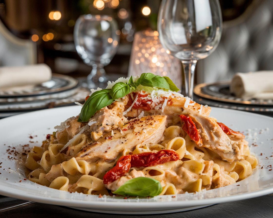 A creamy Marry Me Chicken Pasta dish garnished with basil, parmesan, and sun-dried tomatoes on a romantic dining table.