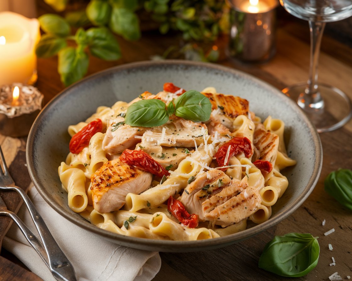 A plate of Marry Me Chicken Pasta featuring creamy sauce, golden-seared chicken, sun-dried tomatoes, and garnished with fresh basil.