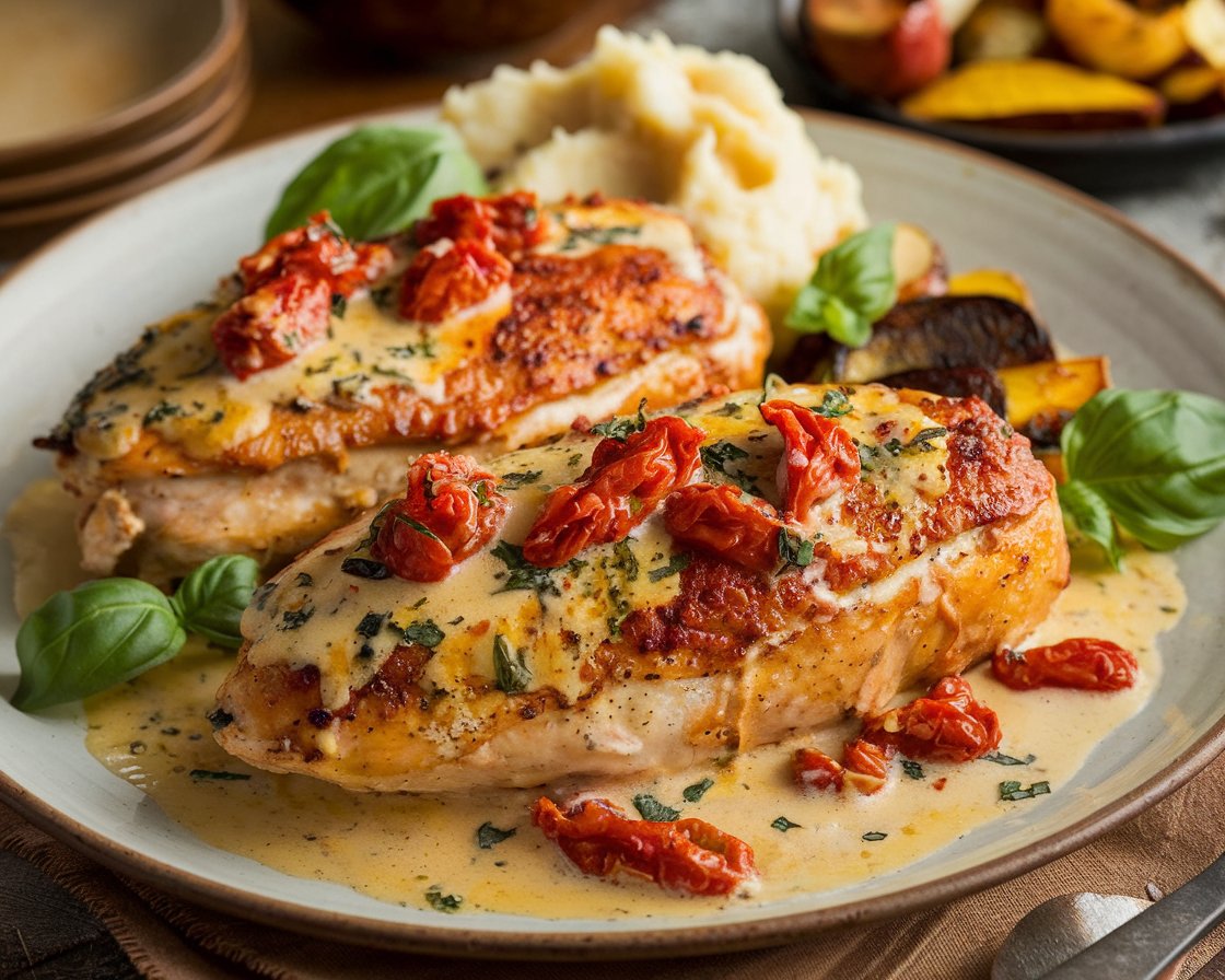 Creamy Marry Me Chicken served with sun-dried tomatoes, garnished with basil, and paired with mashed potatoes and roasted vegetables.