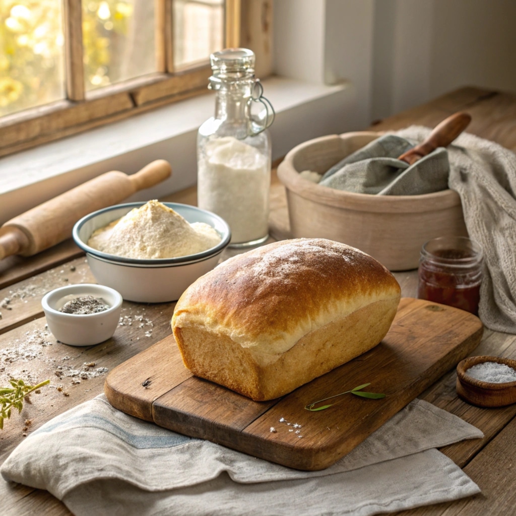 Freshly baked bread surrounded by bread mix ingredients