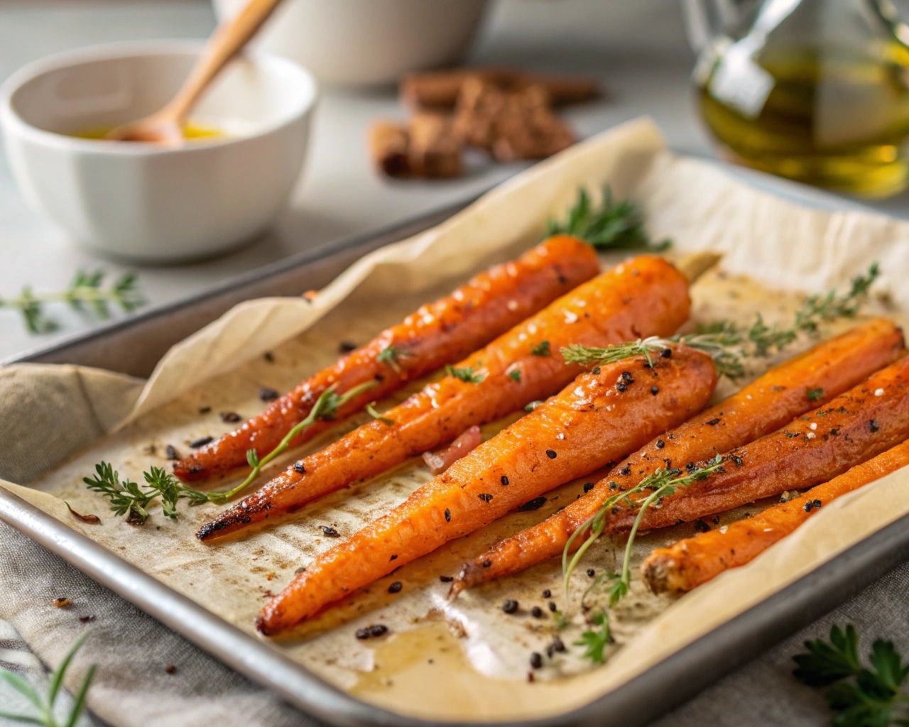 Golden-brown roasted carrots with caramelized edges garnished with fresh thyme on a baking sheet.