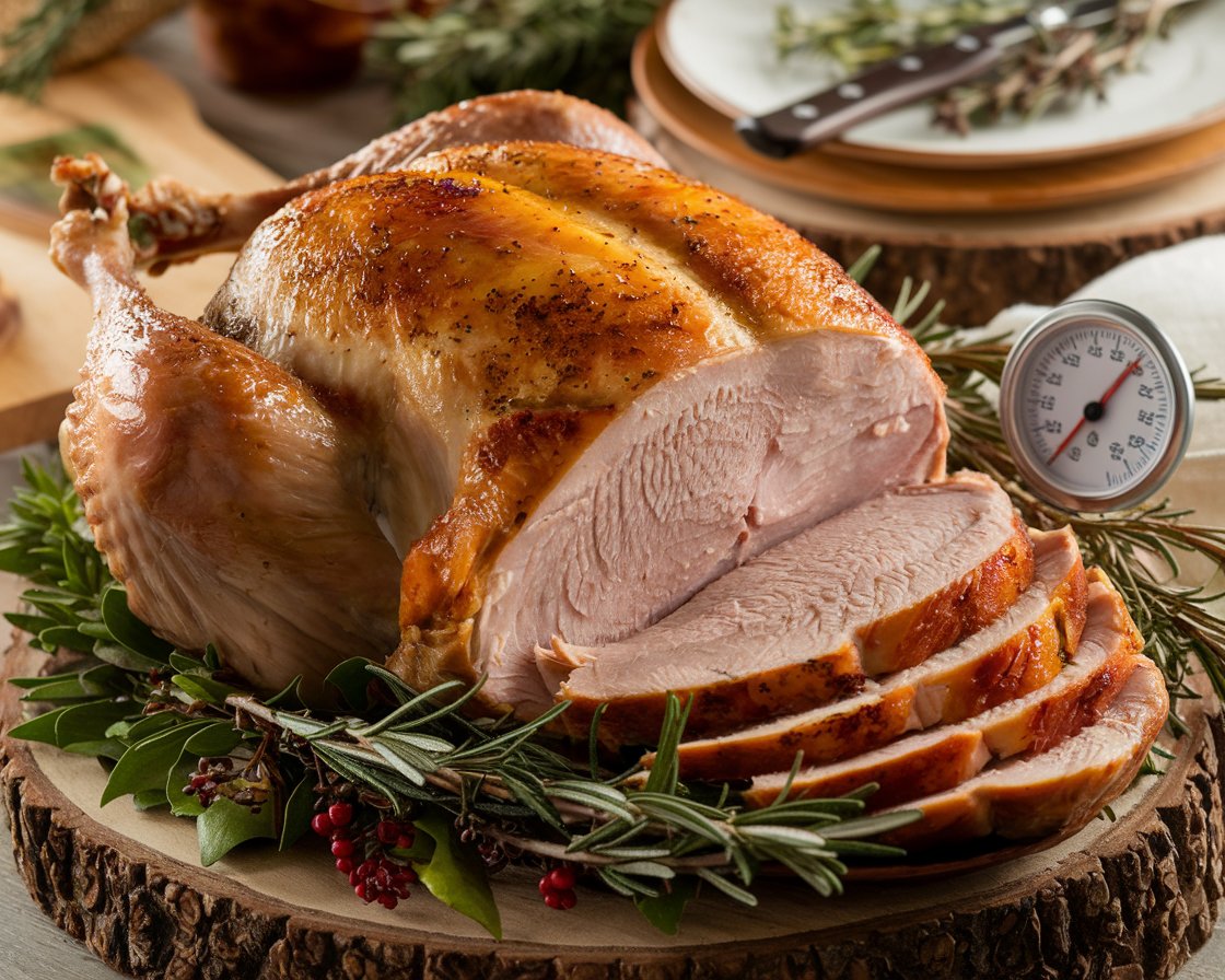 Perfectly roasted turkey breast with crispy golden skin, garnished with fresh herbs and a meat thermometer reading 165°F.