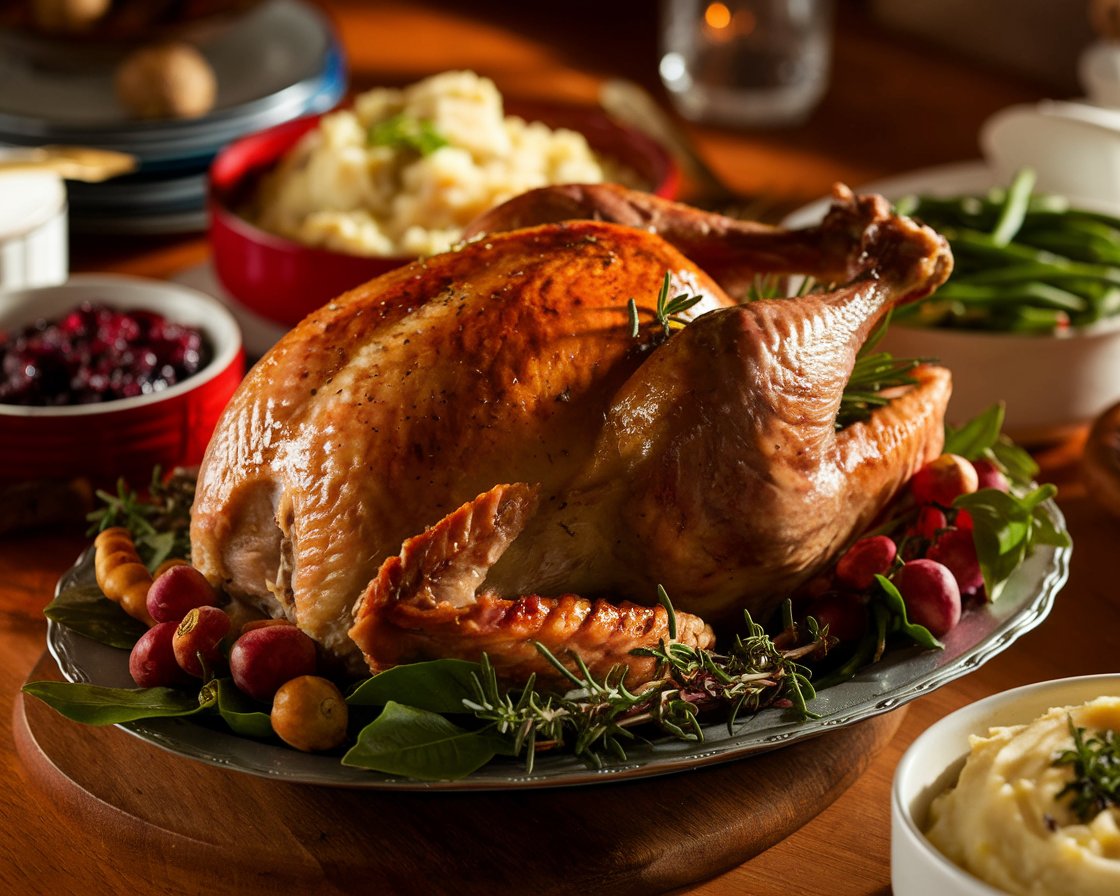 A perfectly reheated precooked turkey roast garnished with herbs and surrounded by classic holiday side dishes.