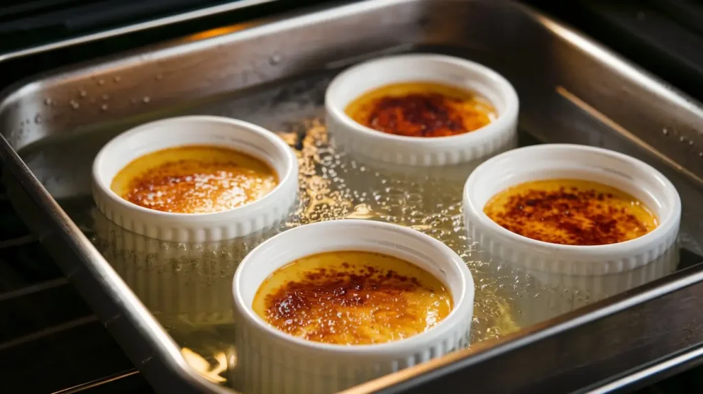 Ramekins with Crème Brûlée custard in a water bath inside an oven for gentle and even baking.