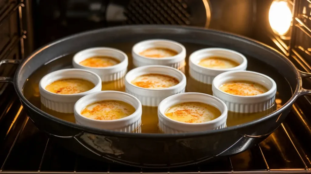 Ramekins filled with Crab Brulee custard sitting in a baking dish with a water bath inside an oven.