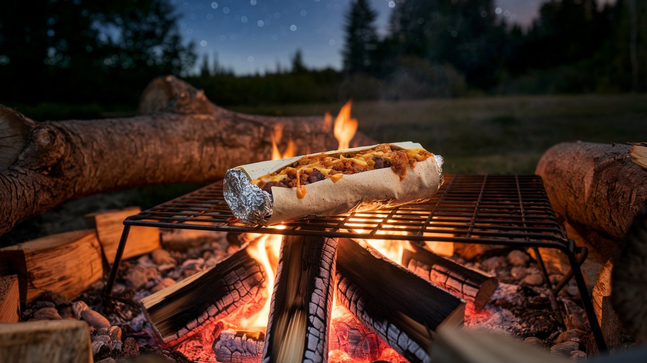 A steaming Bonfire Burrito resting on a campfire grate with a glowing fire and starlit sky in the background.