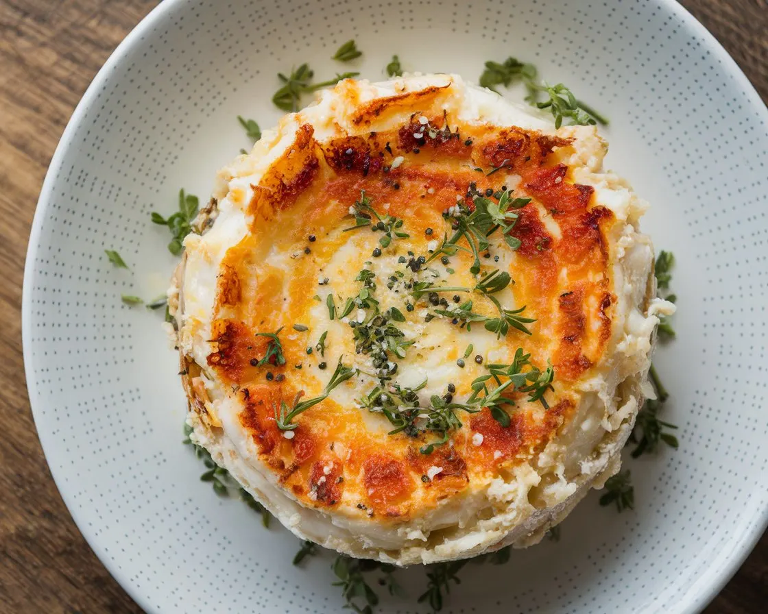 Close-up of a golden-brown baked Crab Brulee garnished with fresh herbs on a white plate.