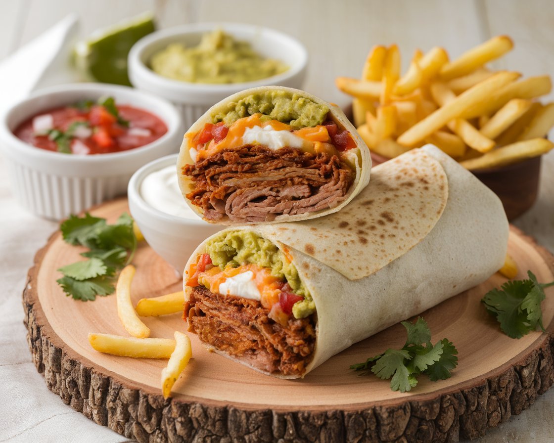 A cut-open Cali Burrito showing carne asada, fries, cheese, guacamole, and salsa on a wooden board, surrounded by garnishes and dipping bowls.