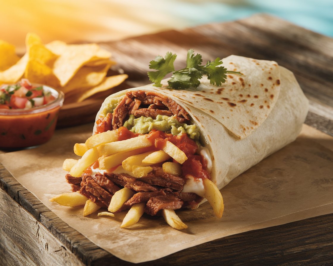 A Cali Style Burrito sliced open, showing carne asada, French fries, guacamole, salsa, and melted cheese on a rustic wooden table.