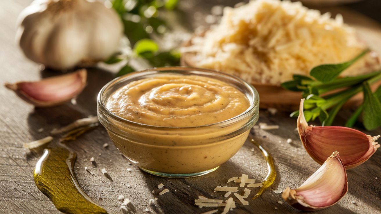 Freshly prepared Parmesan garlic sauce in a bowl surrounded by garlic, Parmesan cheese, and fresh herbs.