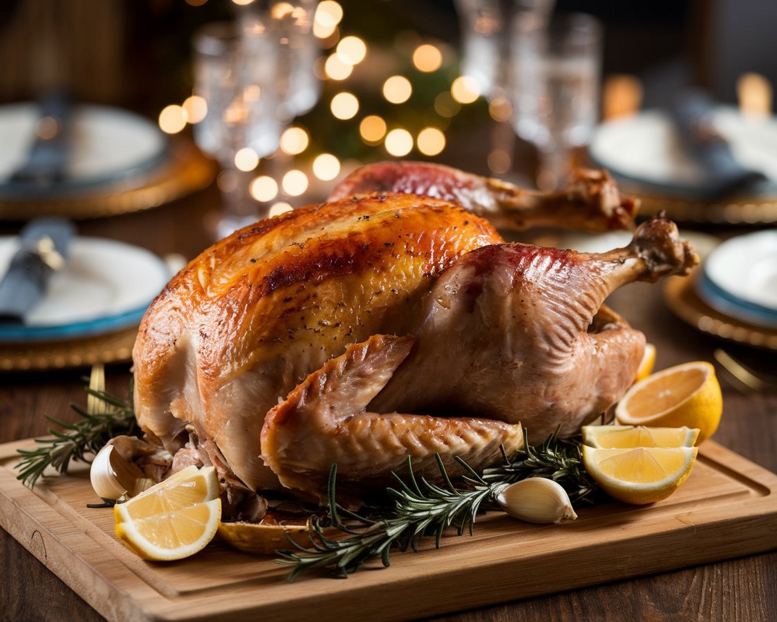 Golden roasted turkey breast on a wooden board with rosemary, garlic, and lemon.