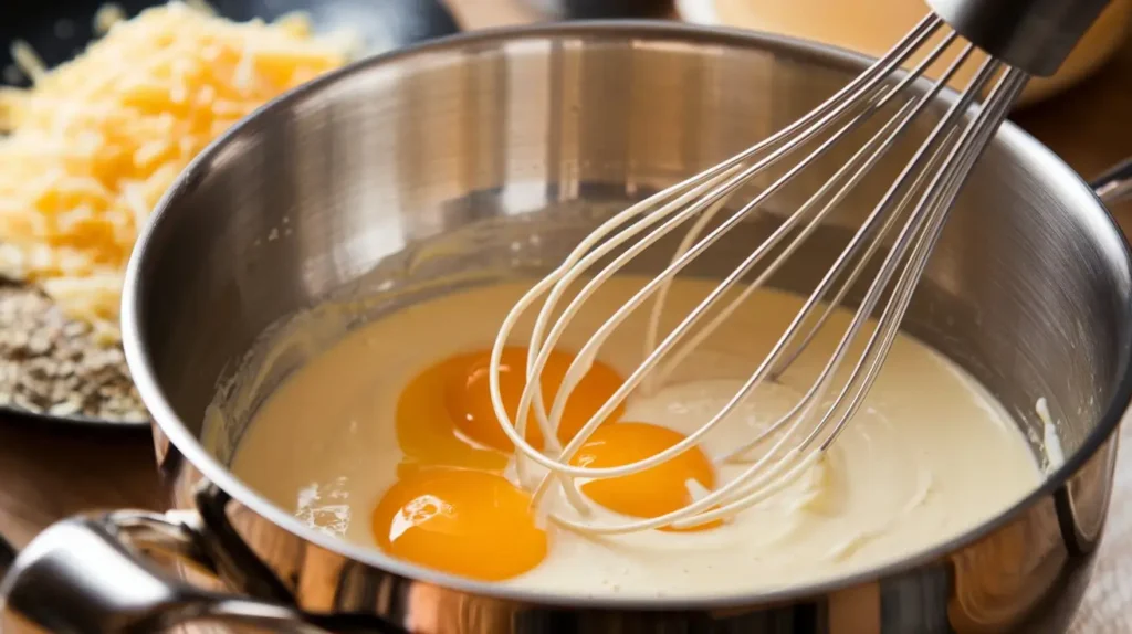 A mixing bowl with egg yolks and cream being whisked together to create the custard base for Crab Brulee.