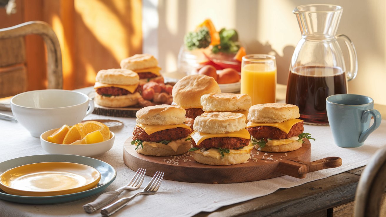 A variety of Jimmy Dean Breakfast Sandwiches served on a rustic breakfast table with orange juice, coffee, and fresh fruit.