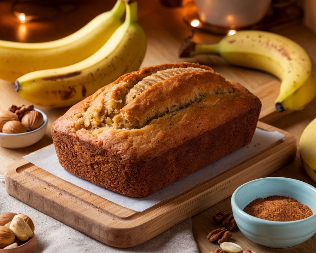 Freshly baked banana bread on a wooden cutting board with ripe bananas and nuts in a cozy kitchen setting.
