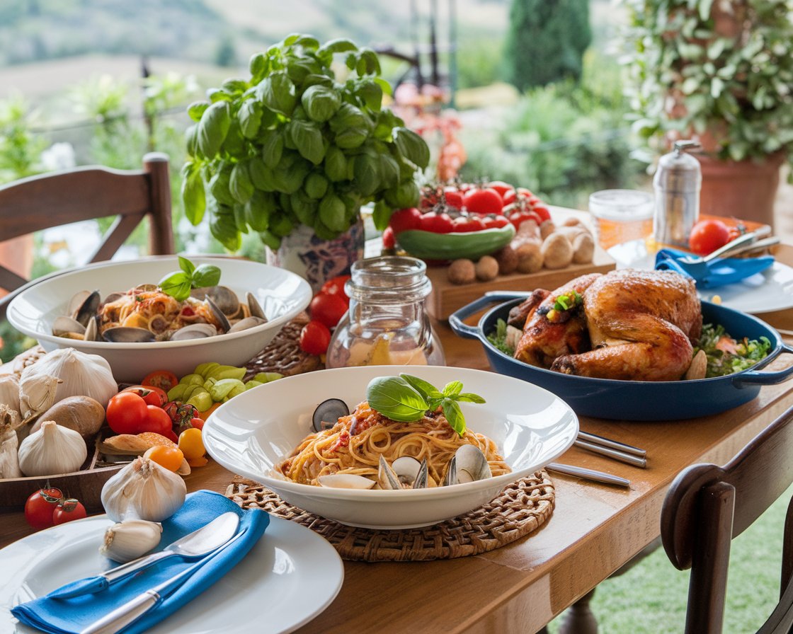 Traditional Italian table with pasta and chicken served separately, surrounded by fresh ingredients and a scenic countryside backdrop.