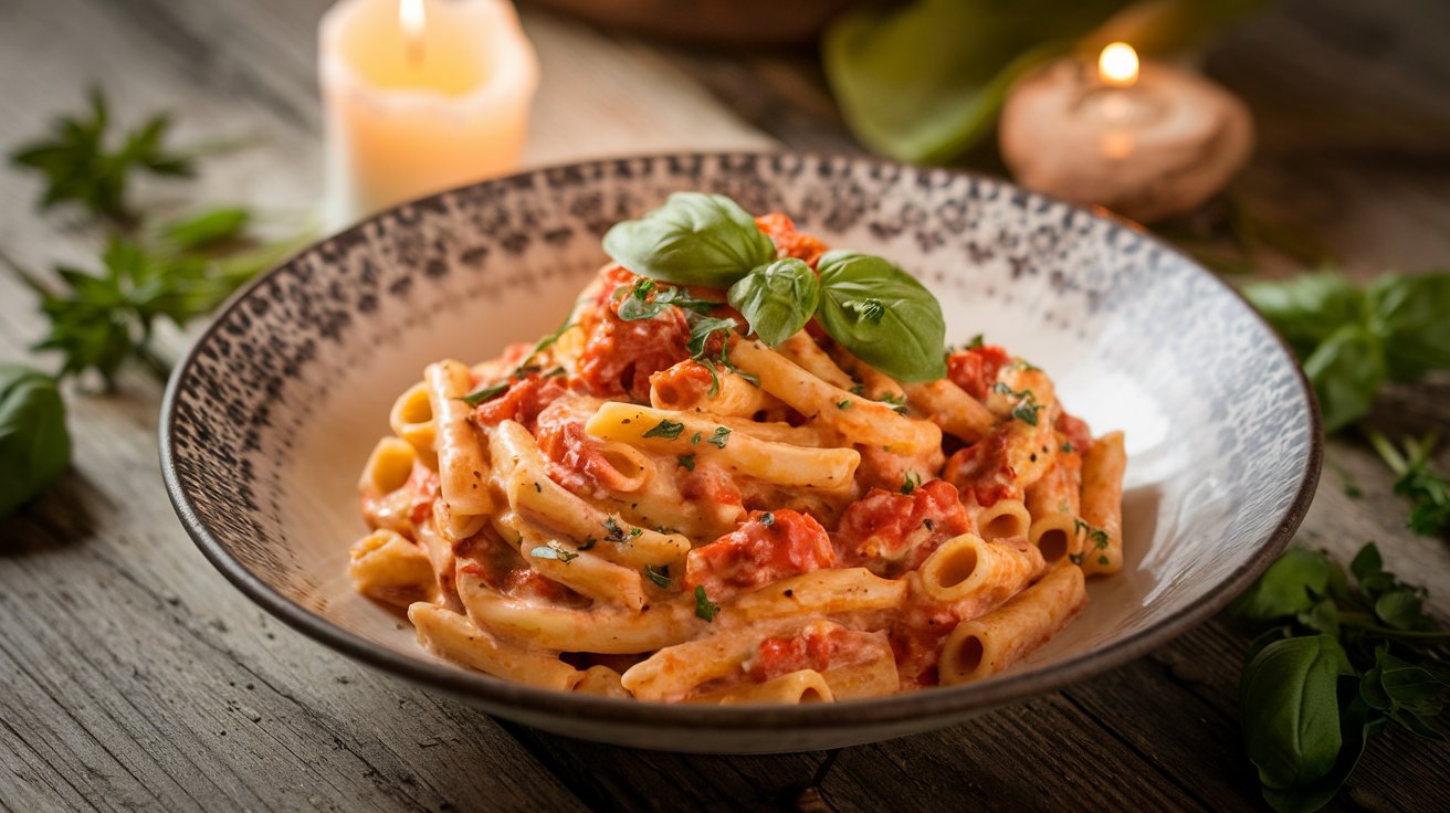 A creamy Marry Me Pasta dish garnished with fresh basil, served on a rustic plate with romantic candlelight in the background.