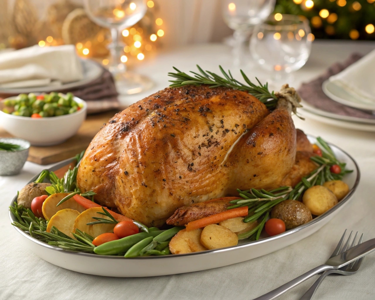 A perfectly cooked Butterball turkey roast garnished with rosemary and thyme, surrounded by vegetables on a festive dining table.