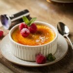 A Crème Brûlée in a white ramekin with a caramelized sugar crust, garnished with raspberries and mint, served on a rustic wooden table.
