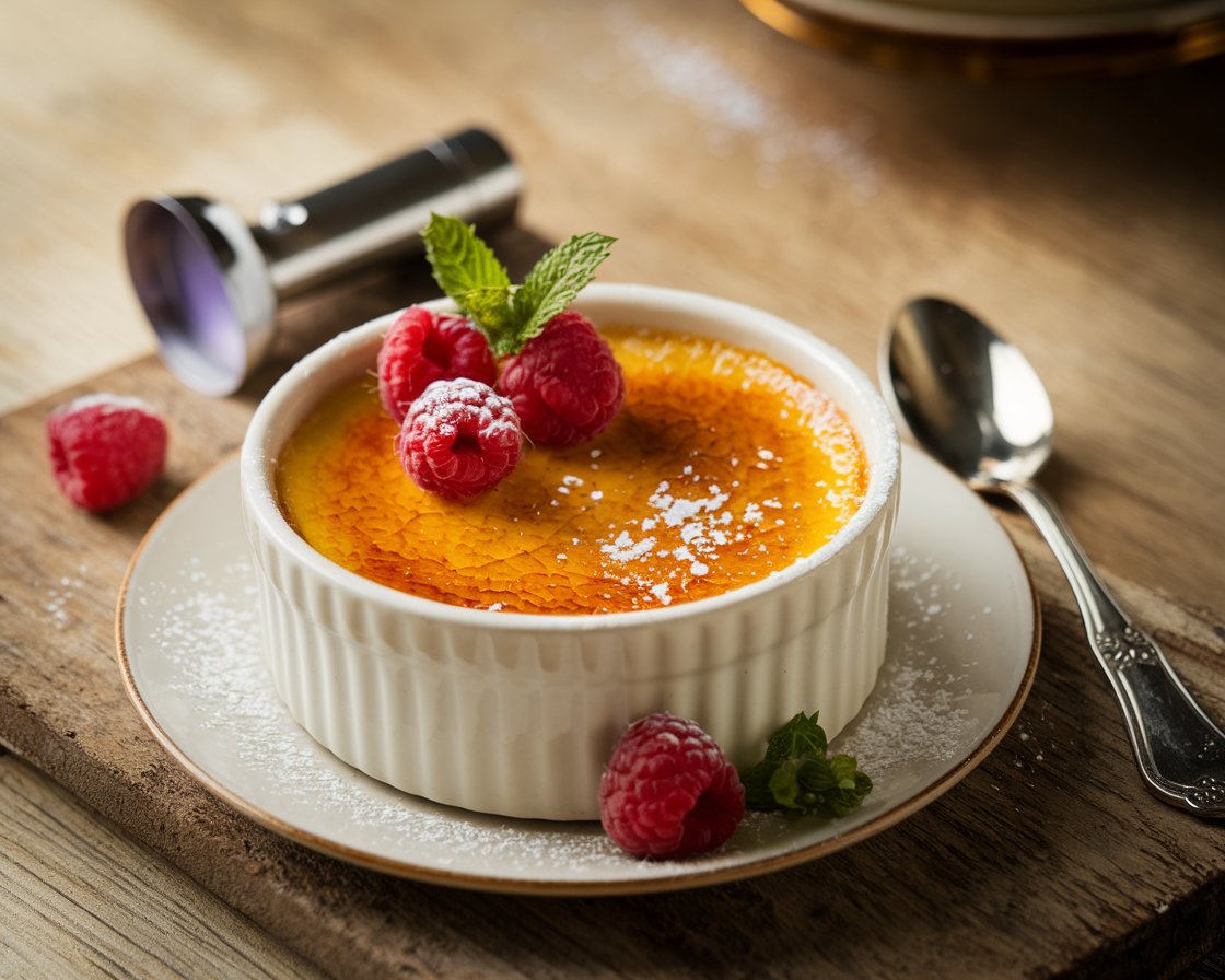 A Crème Brûlée in a white ramekin with a caramelized sugar crust, garnished with raspberries and mint, served on a rustic wooden table.