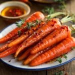 Hot honey roasted carrots garnished with fresh thyme and chili flakes, served on a rustic wooden table with a bowl of honey and chili in the background.