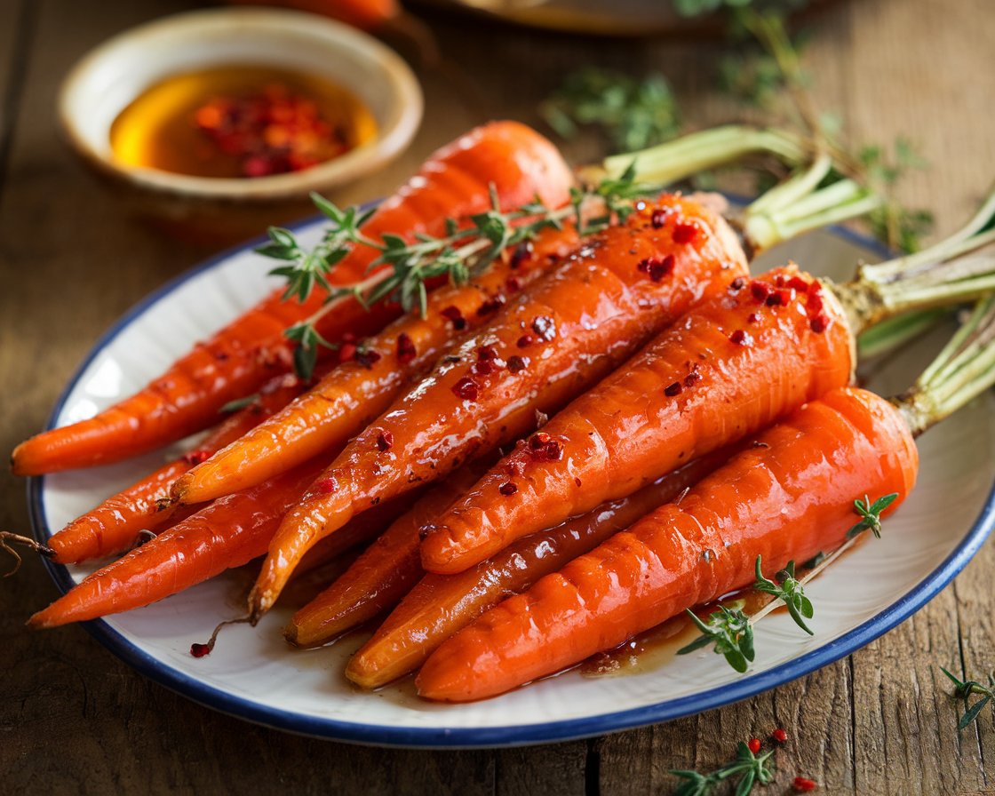 Hot honey roasted carrots garnished with fresh thyme and chili flakes, served on a rustic wooden table with a bowl of honey and chili in the background.