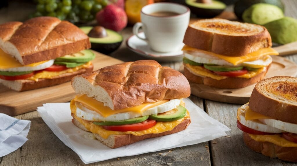 Jimmy Dean breakfast sandwiches cooked to perfection with golden-brown bread and fresh toppings on a wooden table.